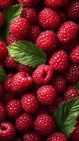 Fresh raspberries piled together in a vibrant arrangement highlighting their rich red color photo