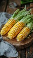 Freshly harvested corn cobs arranged on a kitchen countertop with green husks and kernels visible photo