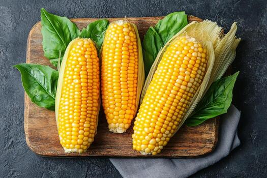 Fresh corn on a wooden board with green leaves arranged for preparation in a kitchen setting photo