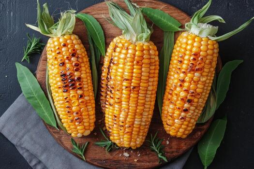 Fresh corn on a wooden board with green leaves arranged for preparation in a kitchen setting photo