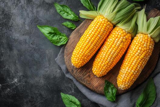 Fresh corn on a wooden board with green leaves arranged for preparation in a kitchen setting photo