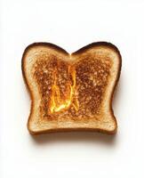 Toasted bread slice with unique burn design on a white background capturing warmth and texture photo