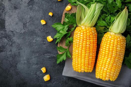 Fresh corn on a wooden board with green leaves arranged for preparation in a kitchen setting photo