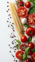 Fresh ingredients for a delicious pasta dish arranged on a white background photo