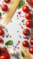 Fresh ingredients for a delicious pasta dish arranged on a white background photo