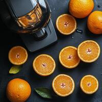 Freshly squeezed orange juice preparation with whole oranges and green leaves at kitchen counter photo