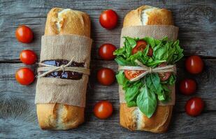 Freshly wrapped sandwiches with tomatoes on a rustic wooden background at a casual picnic setting photo