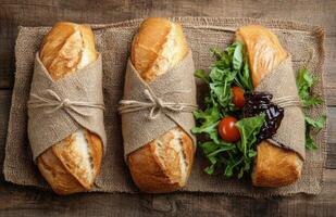 Freshly wrapped sandwiches with tomatoes on a rustic wooden background at a casual picnic setting photo