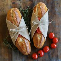 Freshly prepared baguette sandwiches with tomatoes on a rustic wooden table photo