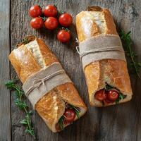 Freshly prepared baguette sandwiches with tomatoes on a rustic wooden table photo