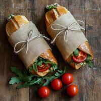 Freshly prepared baguette sandwiches with tomatoes on a rustic wooden table photo
