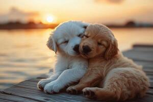 Two adorable puppies cuddle on a dock as the sun sets over the water in a tranquil evening setting photo