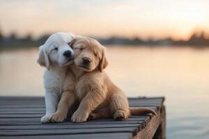 Two adorable puppies cuddle on a dock as the sun sets over the water in a tranquil evening setting photo