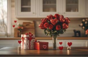 Heart shaped balloons and roses in a modern kitchen during a romantic occasion photo