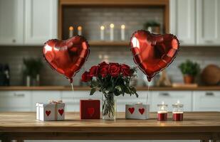 Heart shaped balloons and roses in a modern kitchen during a romantic occasion photo