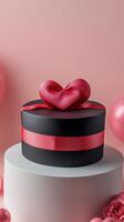 Decorative pink gift box with a heart ribbon in a bright room during daytime photo