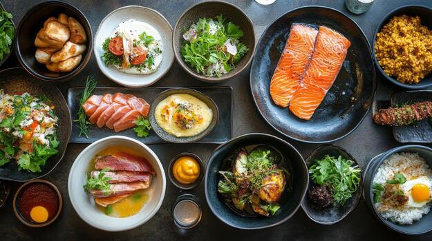 Fresh ingredients arranged on a rustic table for preparing a vibrant salad on a sunny day photo