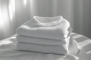 Soft cream sweater neatly folded on a wooden table near a sunlit window with flower branches photo