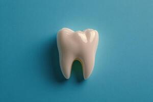 A detailed view of a healthy human tooth on a blue background showcasing dental anatomy clearly photo