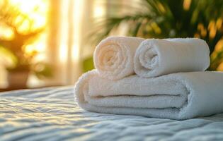 Soft white towels neatly arranged on a bed with warm sunlight streaming through a window photo