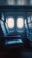 Inside a modern airplane cabin featuring three empty blue seats near a window during daylight photo