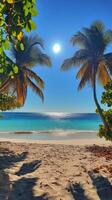 A serene beach view with palm trees under a bright sun and clear blue skies photo