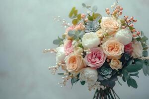 A beautiful bouquet of roses, peonies, and succulents arranged artfully on a soft background photo