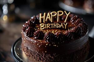 Rich chocolate birthday cake with simple gold lettering served at a celebration party photo