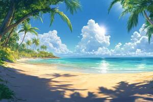 Tropical beach with palm trees, clear water, and distant hills under a sunny sky in midday photo
