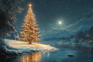 A beautifully lit Christmas tree reflected on a snowy riverbank in a winter landscape at night photo