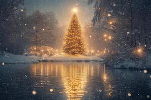 A beautifully lit Christmas tree reflected on a snowy riverbank in a winter landscape at night photo
