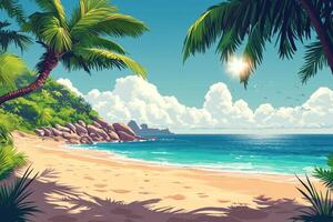 Tropical beach with palm trees, clear water, and distant hills under a sunny sky in midday photo
