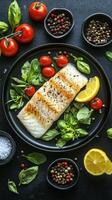 Grilled fish served with fresh herbs, cherry tomatoes, lemon, and assorted spices on a dark plate photo