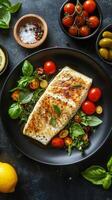 Grilled fish served with fresh herbs, cherry tomatoes, lemon, and assorted spices on a dark plate photo