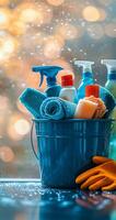 Cleaning supplies in a blue bucket placed by the window with bokeh background on a sunny day photo
