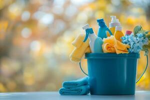 A bright blue cleaning bucket with supplies sits on a surface in a sunlit room during the afternoon photo