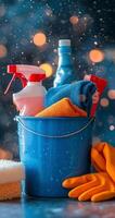 Cleaning supplies in a blue bucket placed by the window with bokeh background on a sunny day photo