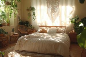 Cozy and inviting bedroom with natural decor and greenery in a sunlit space photo