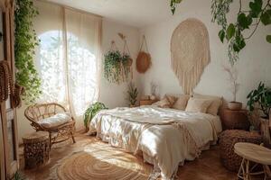 Cozy and inviting bedroom with natural decor and greenery in a sunlit space photo