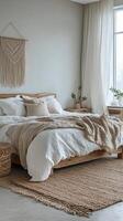 Cozy and inviting bedroom with natural light and bohemian decor in a peaceful setting photo