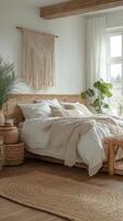 Cozy and inviting bedroom with natural light and bohemian decor in a peaceful setting photo