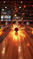 Bright sparks and glowing reflections on a bowling alley lane during an evening game event photo