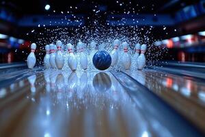 A bowling ball rolls toward a set of pins, creating a dynamic splash as they collide photo