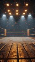 Illuminated boxing ring ready for a match with vibrant lights and a dramatic atmosphere photo