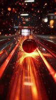 Bright sparks and glowing reflections on a bowling alley lane during an evening game event photo