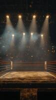 Illuminated boxing ring ready for a match with vibrant lights and a dramatic atmosphere photo
