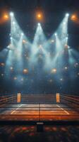 Illuminated boxing ring ready for a match with vibrant lights and a dramatic atmosphere photo