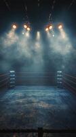 Illuminated boxing ring ready for a match with vibrant lights and a dramatic atmosphere photo