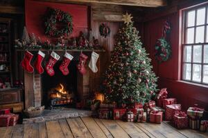 Cozy Christmas living room with decorated tree, stockings, and gifts in a rustic cabin photo