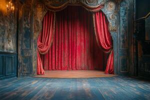 A grand theater stage with rich red curtains and vintage wooden flooring in soft lighting photo